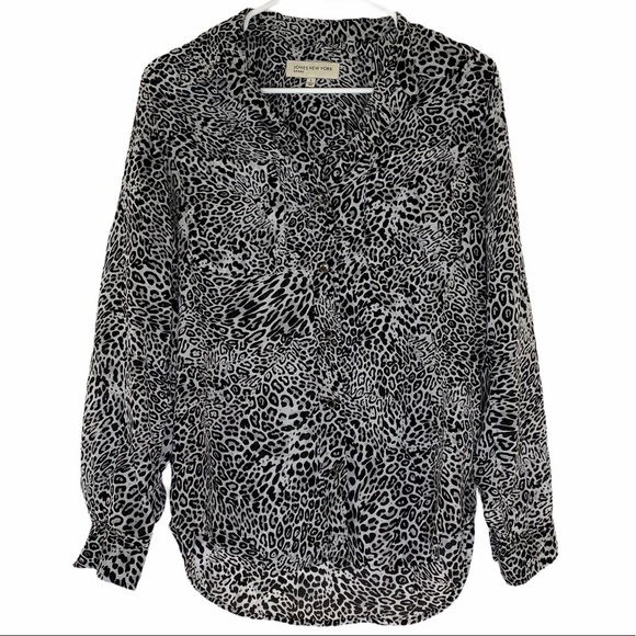 JONES NEW YORK Gray Leopard Print Buttondown Blouse - Picture 1 of 5